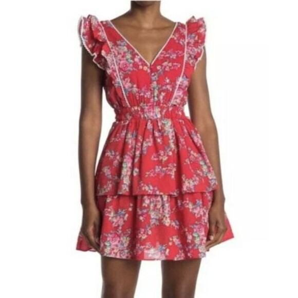 Betsey Johnson Red Floral Ruffle Dress M NWT Cottagecore Seersucker Boho - Picture 1 of 12